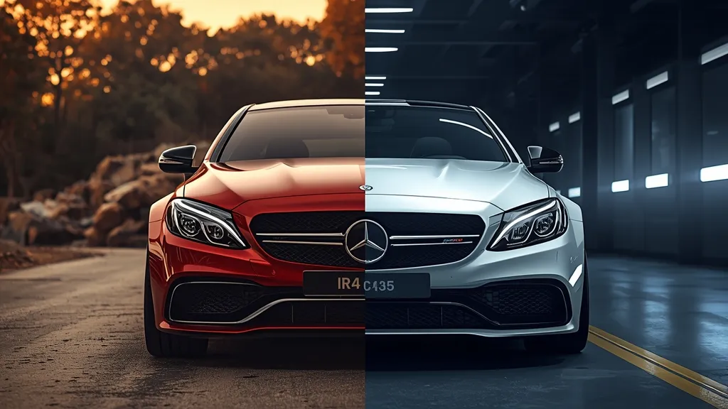 Conceptual image representing the C63 hybrid vs V8 debate, showing old and new C63s.