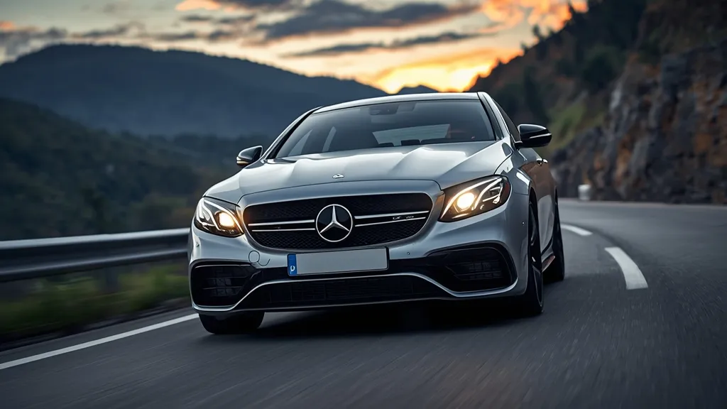 Dynamic shot of a Mercedes-AMG E43 sedan on a winding road, showcasing its aggressive W213 styling.