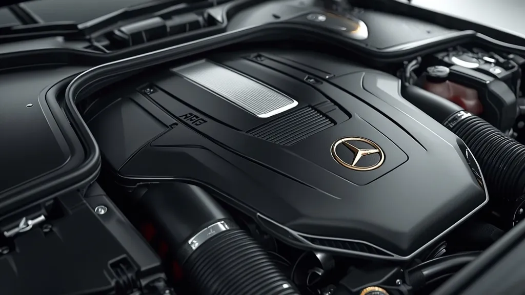 Detailed view of the AMG 3.0 V6 biturbo engine in a Mercedes-AMG E43 engine bay, highlighting performance.