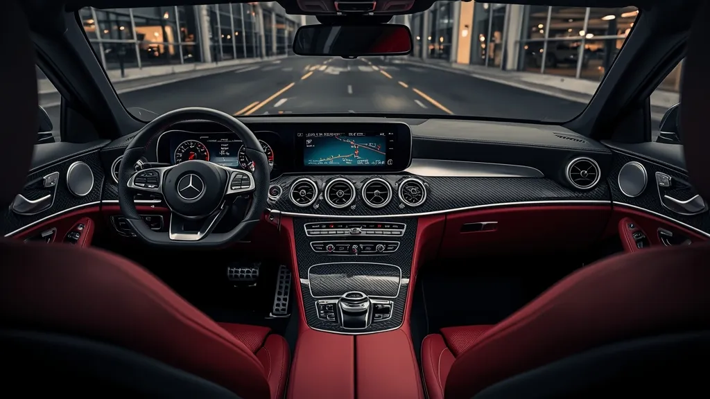 Luxurious and high-tech E43 interior features of the Mercedes-AMG E43, including dual screens and sport seats.