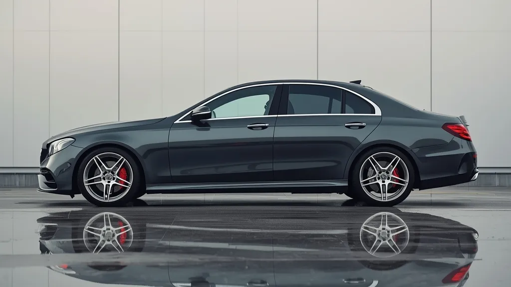 Side profile of a Mercedes-AMG E43 demonstrating its elegant design and E43 air suspension stance.