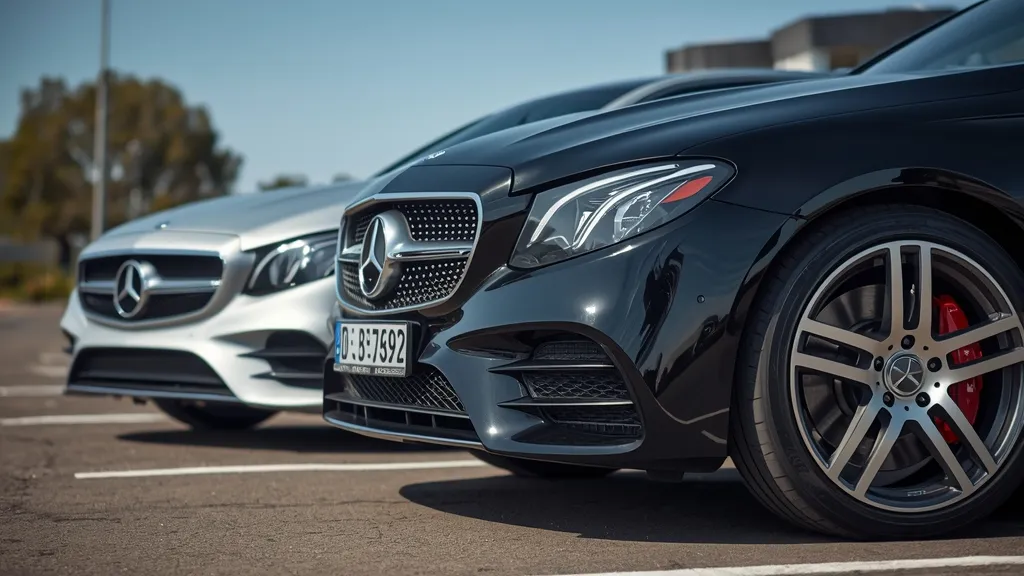 Comparison shot of Mercedes-AMG E43 vs E53, highlighting subtle design differences between the two performance sedans.