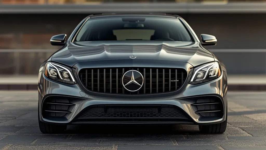 Mercedes-AMG E53 sedan showcasing aggressive Panamericana grille and sleek LED headlights.
