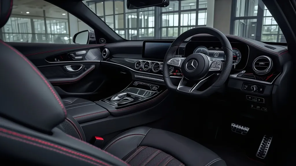Luxurious Mercedes-AMG E53 interior featuring MBUX dual screens, premium leather, and AMG steering wheel.