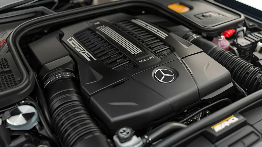 Detailed view of the Mercedes-AMG E53 inline-six engine bay with EQ Boost technology.