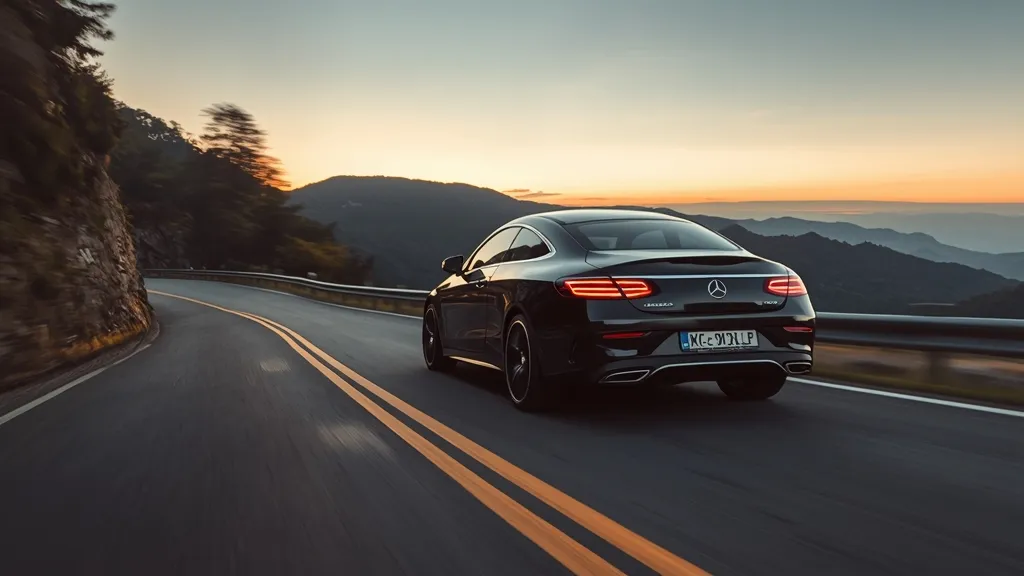Mercedes-AMG E53 driving dynamically on a winding road, showcasing AMG 4MATIC+ all-wheel drive.