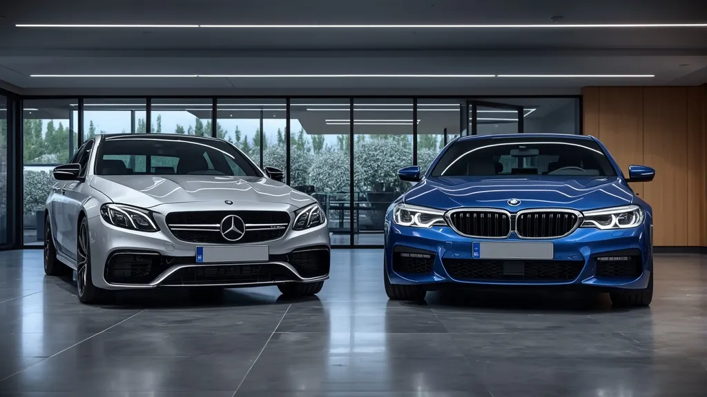 Side-by-side comparison of Mercedes-AMG E53 and BMW M550i sedans on a luxury car showroom floor.