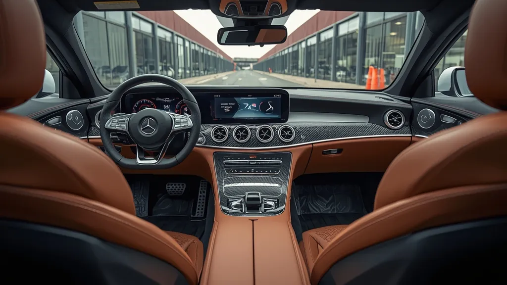 Luxurious Mercedes-AMG E63 S interior featuring MBUX dual screens, AMG sport seats, and premium E63 AMG interior features.
