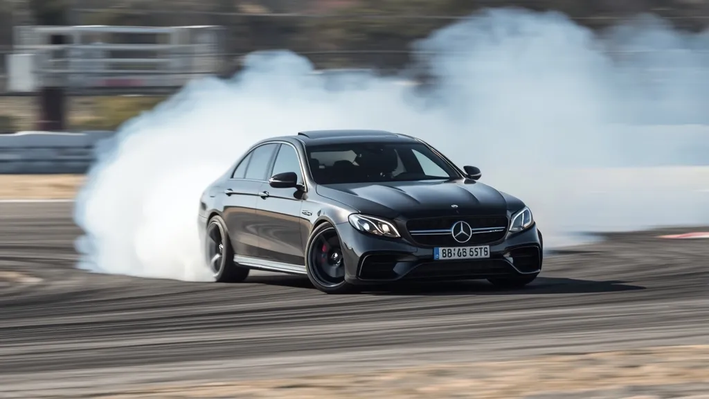 Mercedes-AMG E63 S performing a controlled drift, demonstrating AMG 4MATIC+ Drift Mode on a closed track.