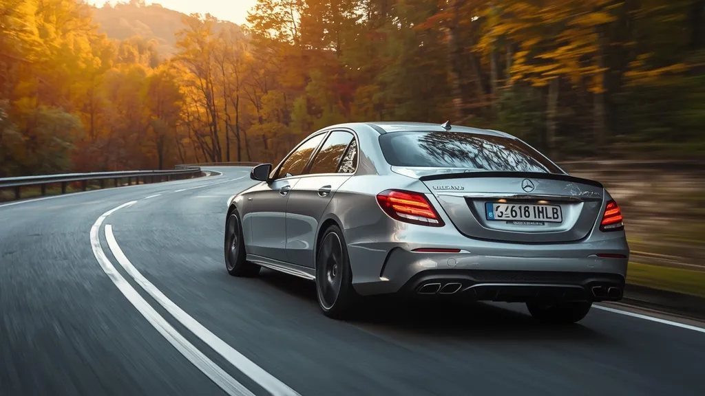 Mercedes-AMG E63 S sedan aggressively cornering on a scenic mountain road, showcasing performance.