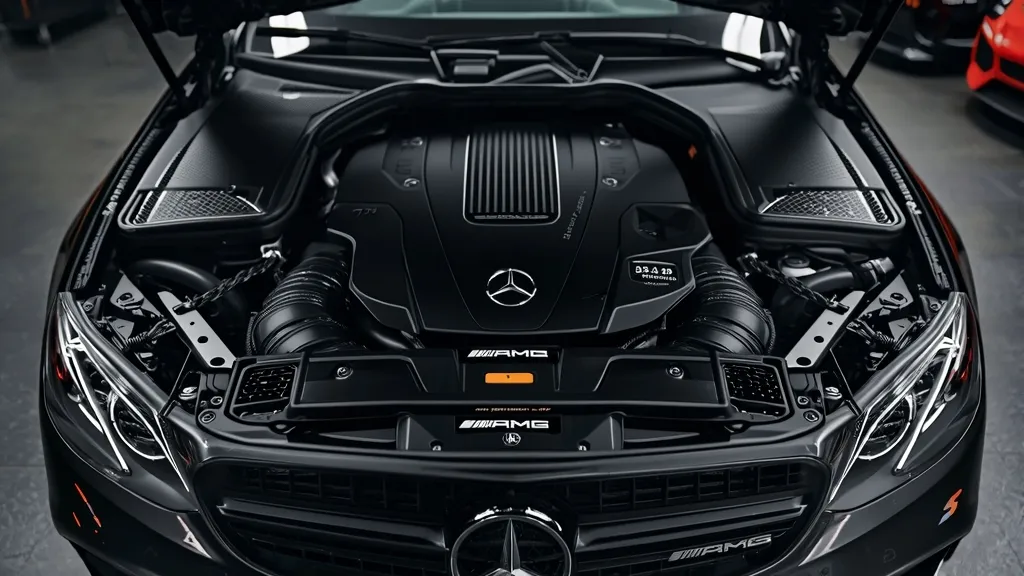 Close-up of Mercedes-AMG E63 S engine bay, highlighting the 4.0L Biturbo V8.
