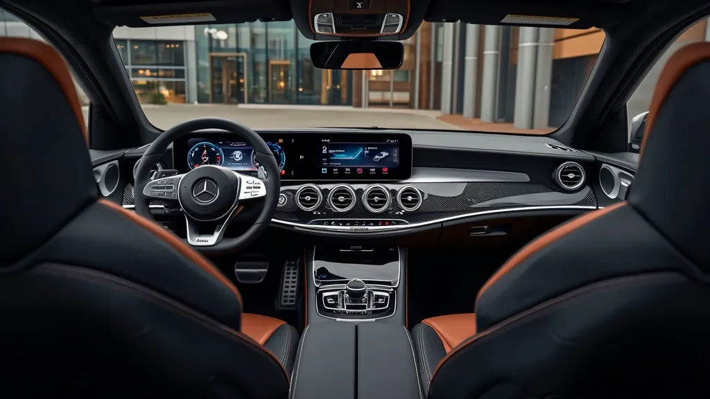 Interior of Mercedes-AMG E63 S cockpit, showing MBUX screens and AMG performance seats.