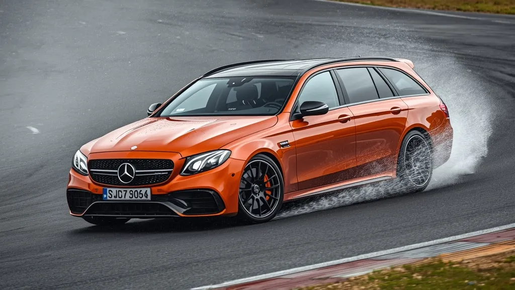 Mercedes-AMG E63 S wagon accelerating on a wet track, demonstrating 4MATIC+ and Drift Mode.