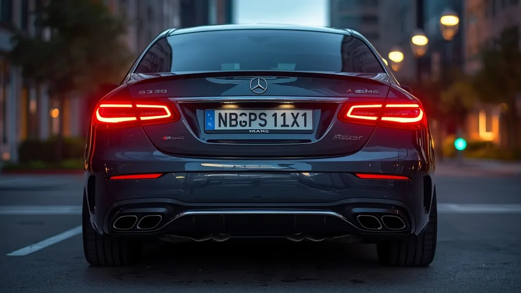 Rear view of Mercedes-AMG E63 S, showcasing quad exhausts and distinctive tail lights.