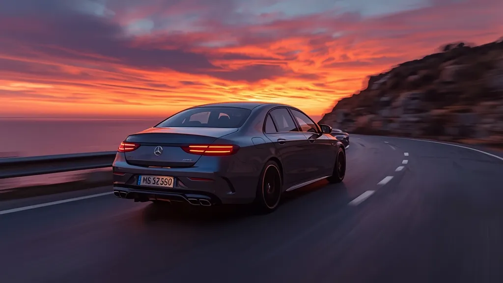 Mercedes-AMG S63 E Performance driving dynamically on a scenic coastal road at sunset.