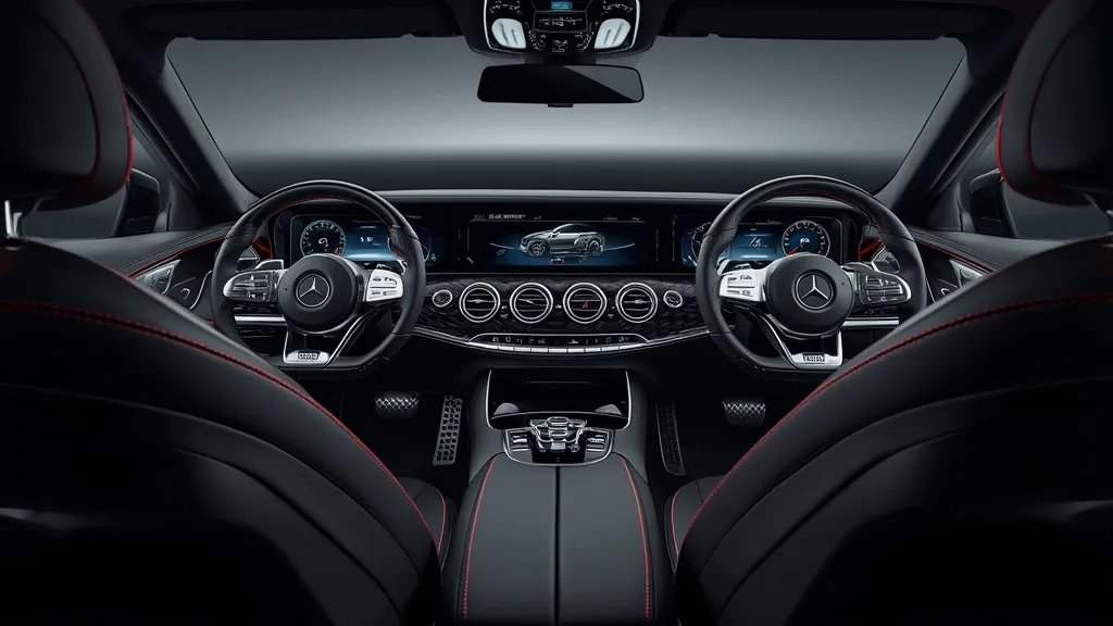 Detailed interior of Mercedes-AMG S63, showcasing MBUX infotainment and luxurious materials.