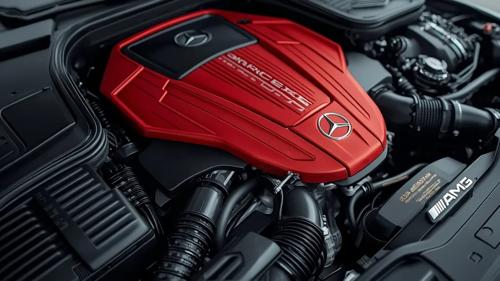 Mercedes-AMG S63 powerful 4.0L V8 hybrid engine bay with AMG badging and intricate components.
