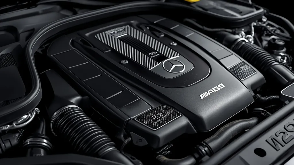 Close-up of the Mercedes-AMG S65 M279 V12 biturbo engine with "One Man, One Engine" plaque.