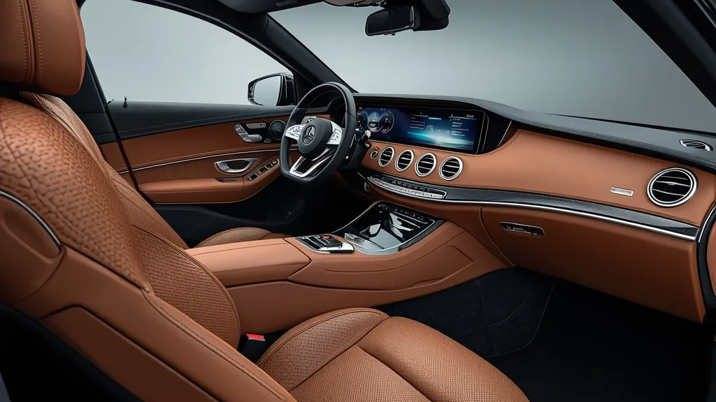 Luxurious interior of the Mercedes-AMG S65 with diamond-quilted Nappa leather and dual digital displays.