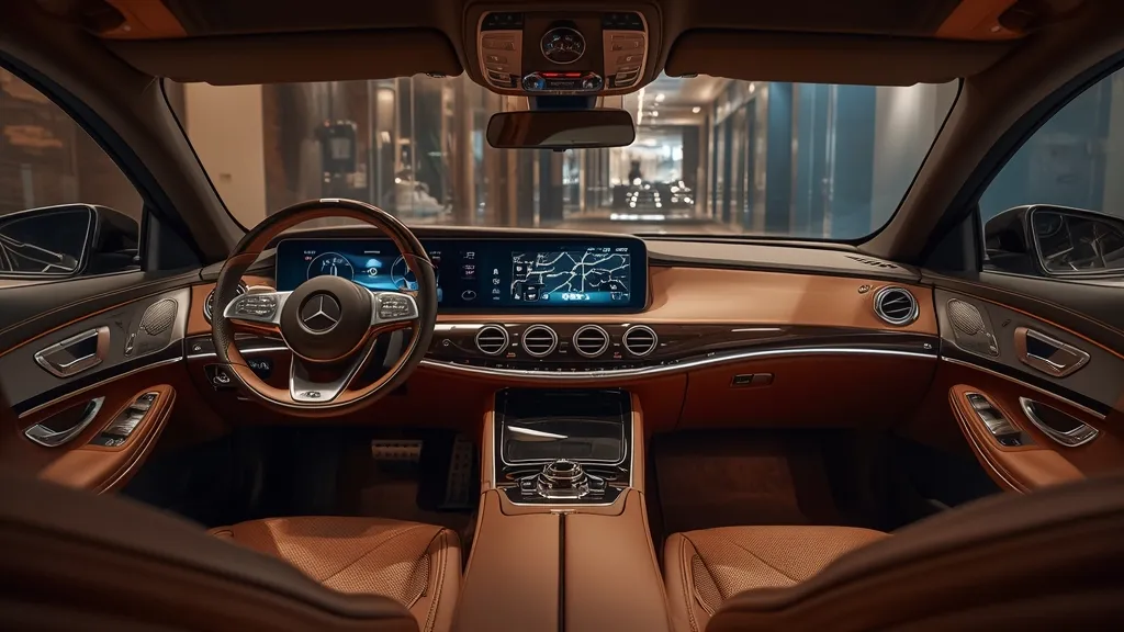 Luxurious interior of a modern Mercedes-Benz S-Class, showcasing premium materials and MBUX infotainment system.