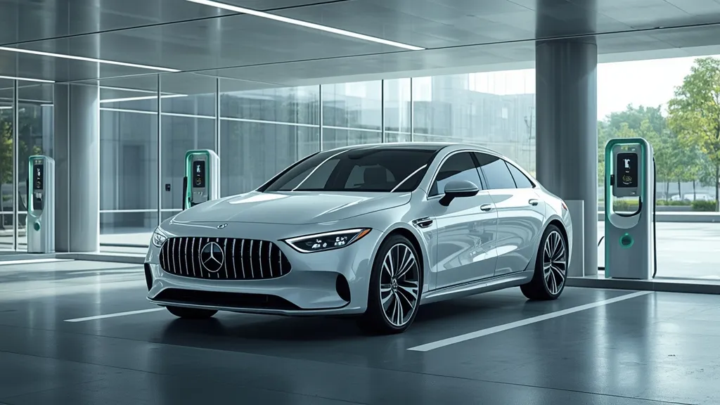 Sleek Mercedes-Benz EQ electric vehicle charging at a modern station, symbolizing future mobility.