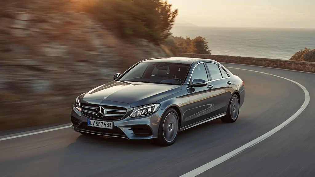 Mercedes-Benz C200 sedan driving on a scenic European road, showcasing its elegant design and urban efficiency.
