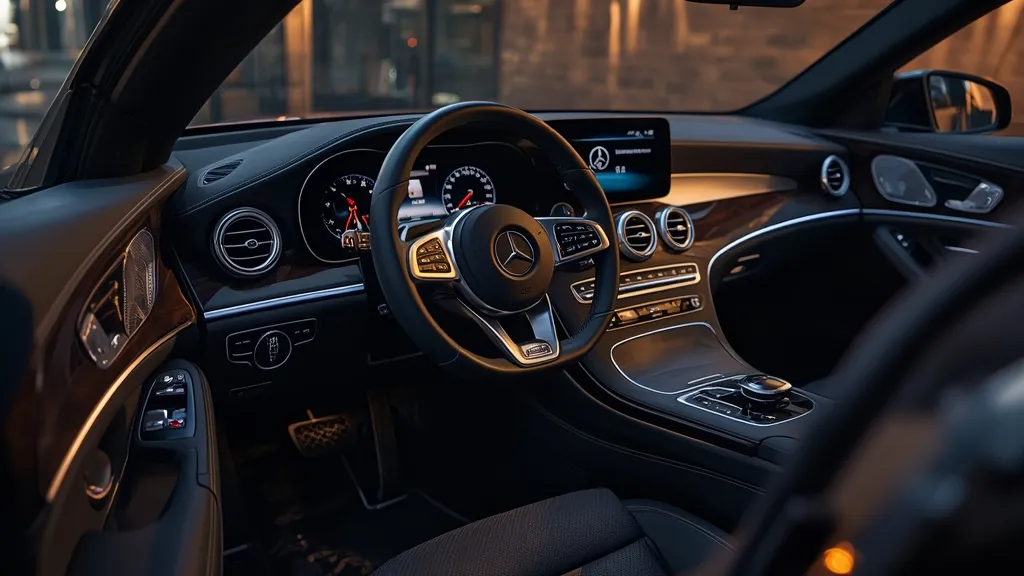 Detailed interior of a Mercedes-Benz C200, highlighting the MBUX infotainment system and luxurious cabin.