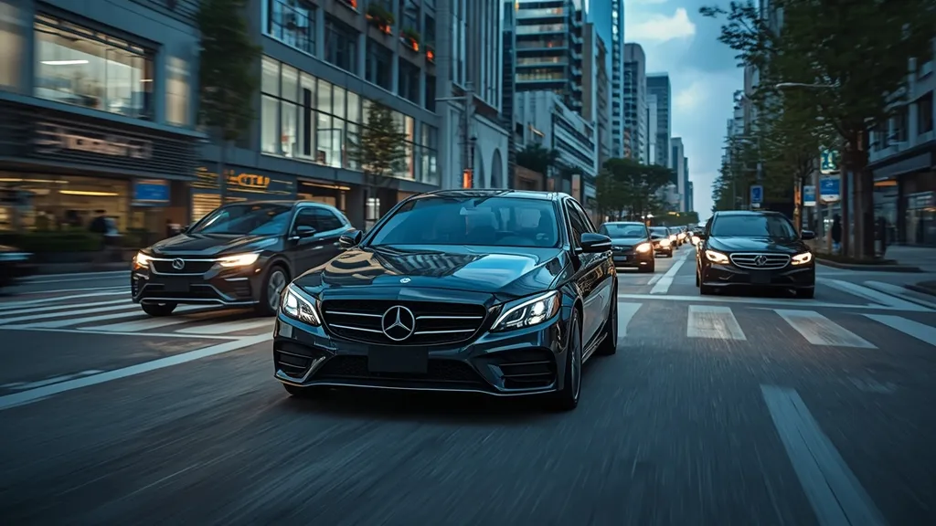 Mercedes-Benz C200 driving through a busy city street in an Asian market, demonstrating its urban agility and global presence.