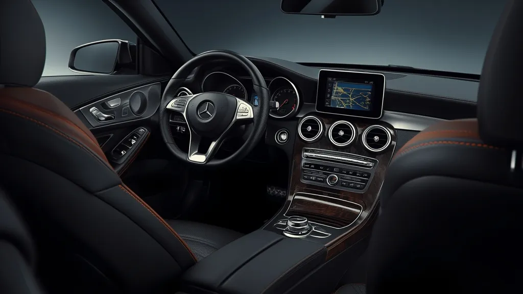 Luxurious interior of a Mercedes-Benz C250 coupe, highlighting premium materials, classic dashboard, and driver-focused cockpit.