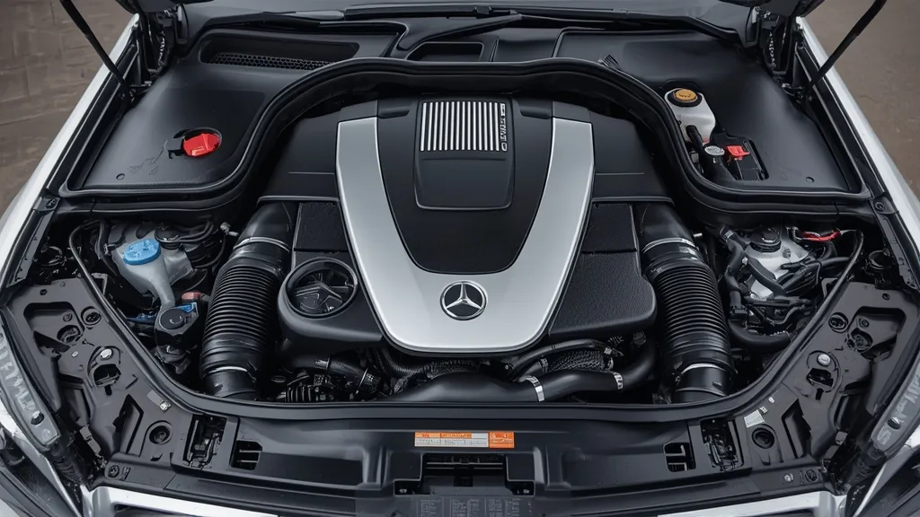 Mercedes-Benz C250 engine bay, clearly displaying the 1.8L M271 EVO turbocharged engine, emphasizing its engineering.