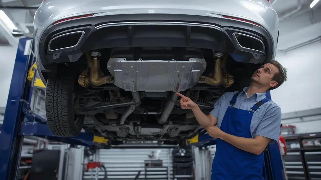 Experienced mechanic inspecting a Mercedes-Benz C250 on a lift, focusing on the undercarriage for maintenance assessment.
