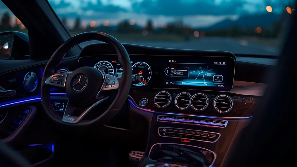 Luxurious Mercedes-Benz C300 interior showcasing the large MBUX infotainment screen and elegant ambient lighting.