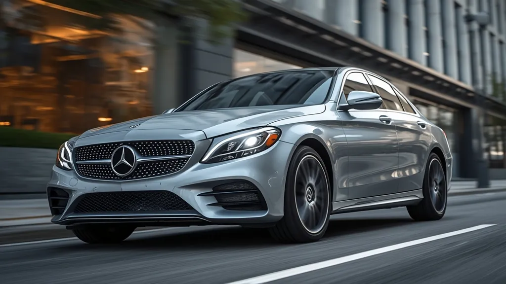 Sleek Mercedes-Benz C300 sedan in a modern urban setting, highlighting its sophisticated exterior design and LED lighting.