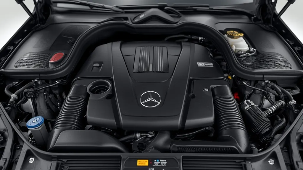 Detailed view of the Mercedes-Benz C300's 2.0L turbocharged engine with EQ Boost mild-hybrid technology.