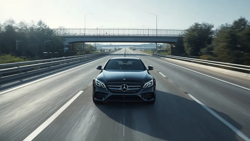 Mercedes-Benz C300 on a highway demonstrating advanced driver assistance features with active lane keeping.