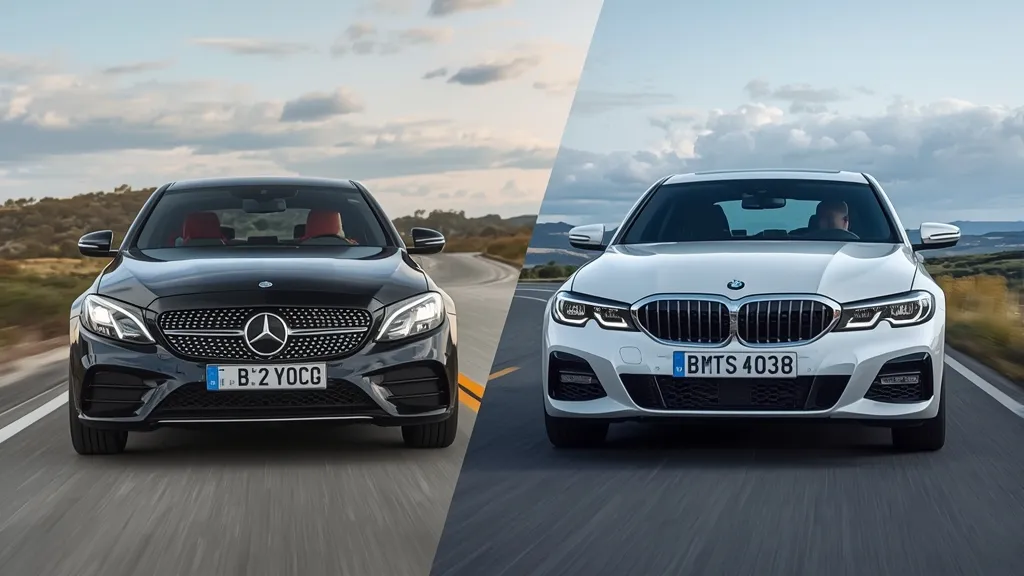 Dynamic comparison shot of the Mercedes-Benz C300 alongside a BMW 3 Series, highlighting compact luxury rivalry.