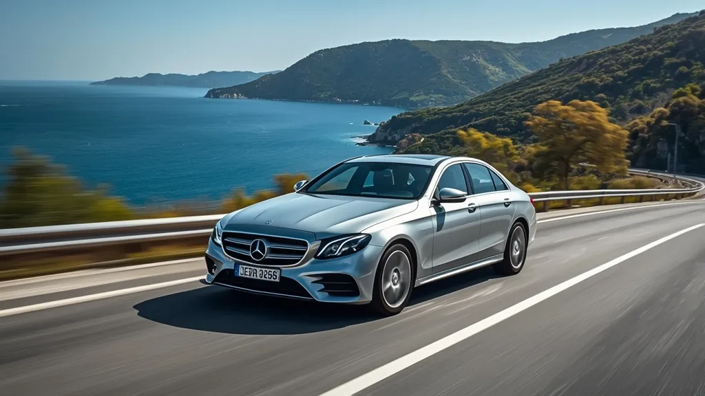 Modern Mercedes-Benz E200 sedan on a scenic European road, highlighting its elegant design and executive appeal.