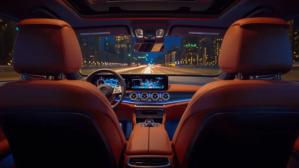 Luxurious interior of the Mercedes-Benz E200, showcasing the MBUX infotainment system and premium materials.
