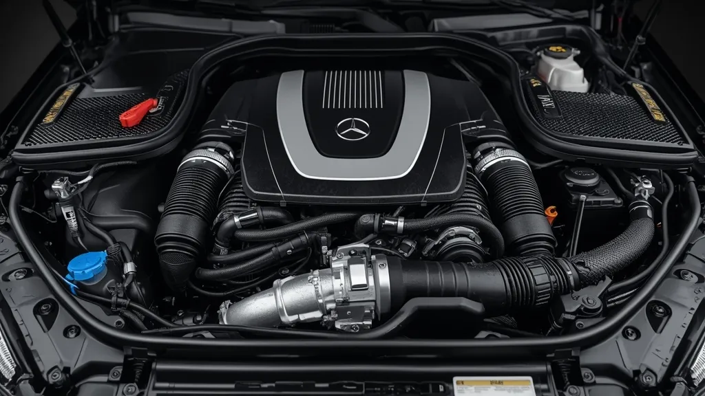 Close-up of the Mercedes E-Class 2.0L mild-hybrid engine, emphasizing advanced technology and efficiency.