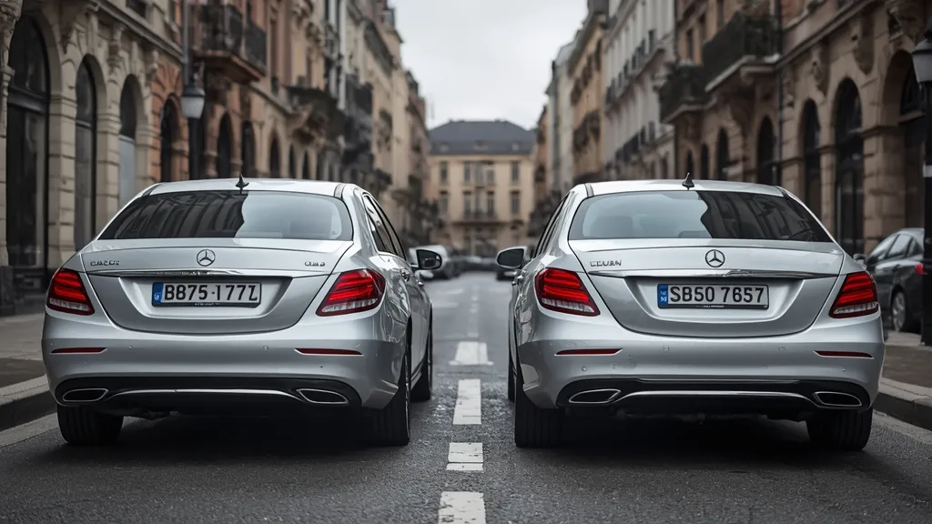 Mercedes-Benz E200 parked next to a US-spec E350, subtly illustrating their visual similarities and differences.