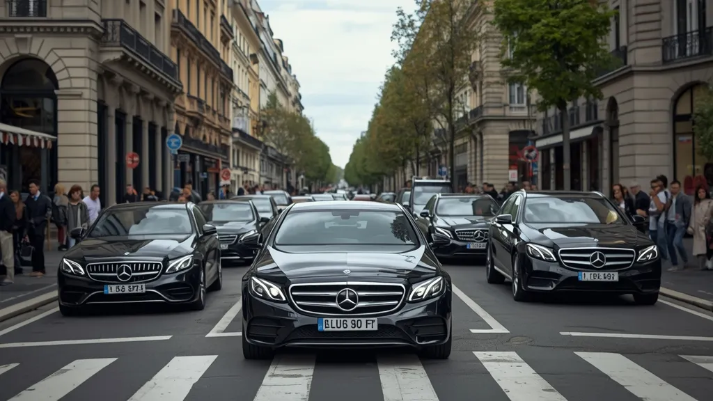 Busy European street scene with multiple Mercedes-Benz E200 cars, showing its common presence in the market.