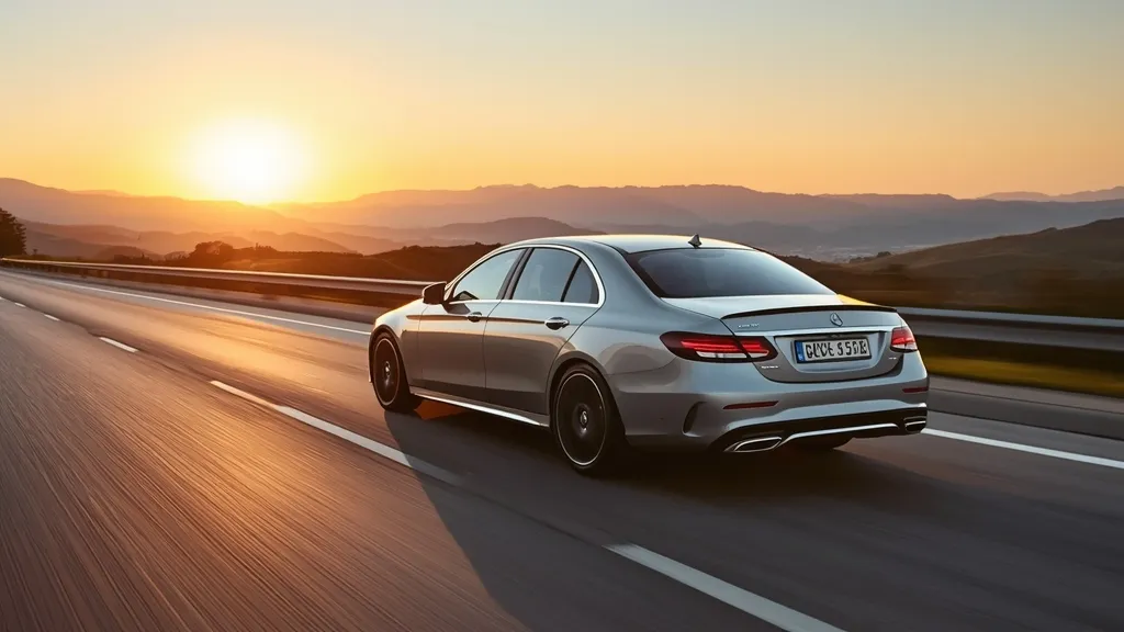 Mercedes-Benz E220D driving efficiently on a scenic European highway, showcasing its sleek design.