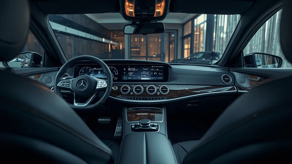 Detailed interior of Mercedes-Benz E220D, featuring luxurious MBUX dual screens and premium finishes.