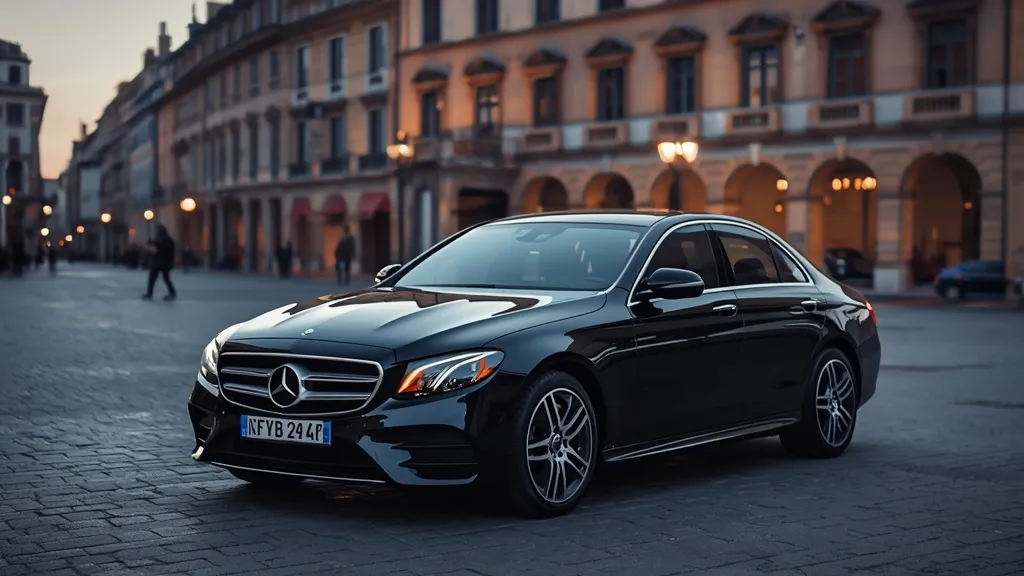 Mercedes-Benz E220D parked in a bustling European city, blending luxury with everyday efficiency.