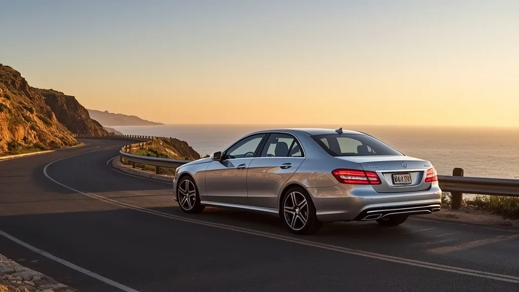 Mercedes-Benz E250 BlueTEC sedan, a luxurious and efficient diesel car on a scenic road.