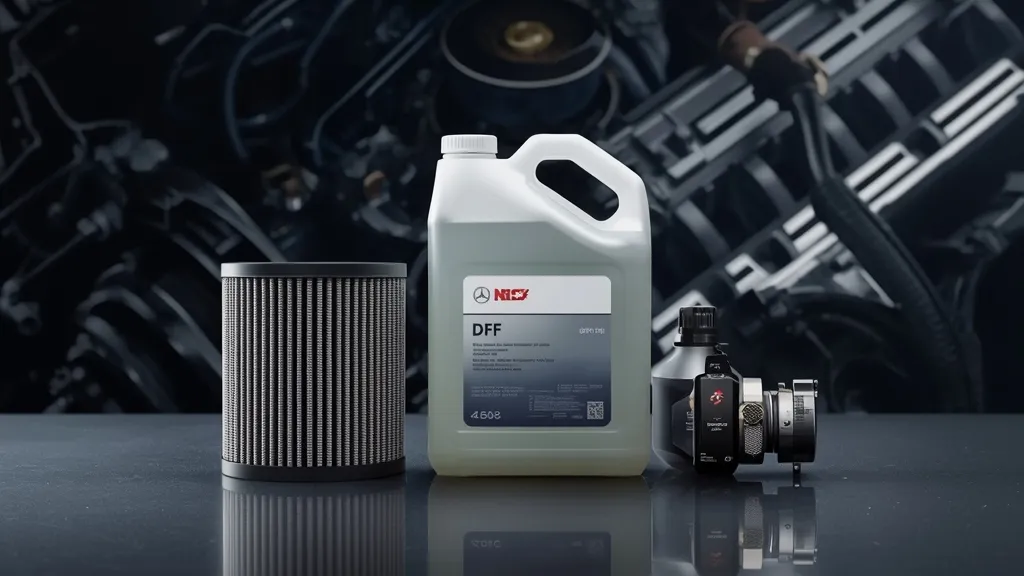 Diesel Exhaust Fluid (DEF) system components, representing Mercedes BlueTEC maintenance and emissions technology.