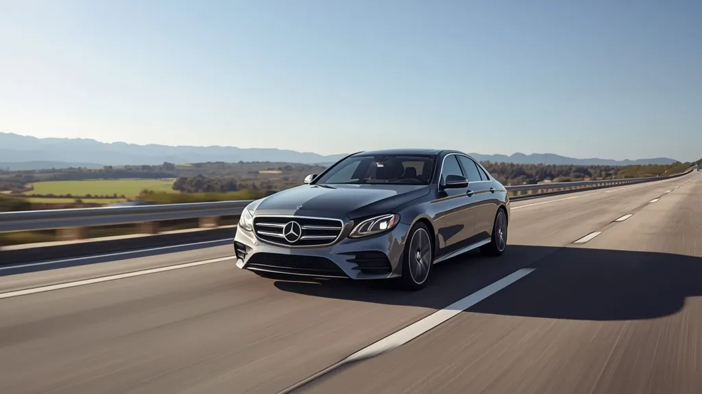 Mercedes-Benz E250 driving on a highway, symbolizing excellent fuel economy and smooth cruising.