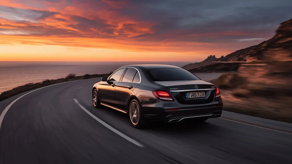 A sleek, modern Mercedes-Benz E300 driving on a scenic coastal road at sunset, showcasing its elegant design.