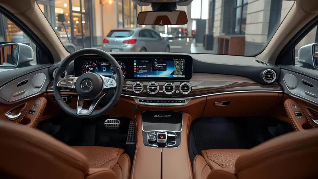 Luxurious interior of a Mercedes-Benz E300, highlighting the MBUX Superscreen, premium materials, and ambient lighting.