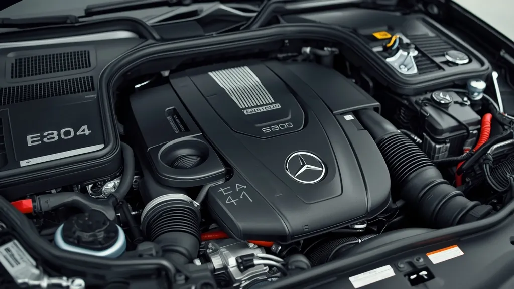 Detailed view of the Mercedes-Benz E300 2.0-liter turbocharged engine with EQ Boost mild-hybrid system components.